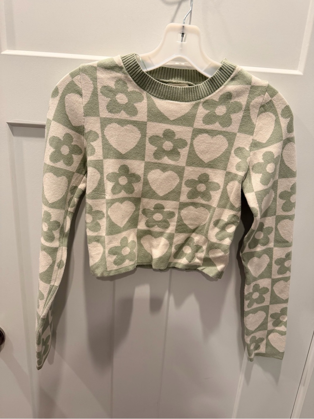 Debut Sage Green Cream Heart Floral Checkered Cropped Sweater Size Small